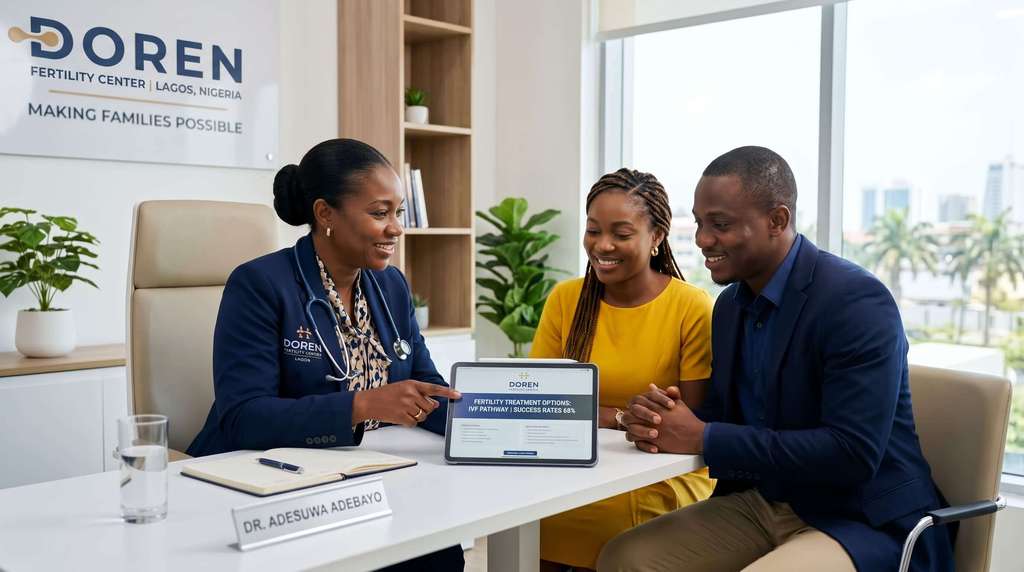  Fertility specialist consulting with an expectant couple in a modern, well-lit medical clinic in Lagos, Nigeria.